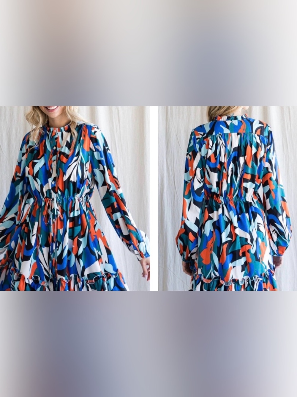 NWOT Jodifl Colorful Abstract Long Sleeve Ruffled Drawstring Waist Mini Dress M
